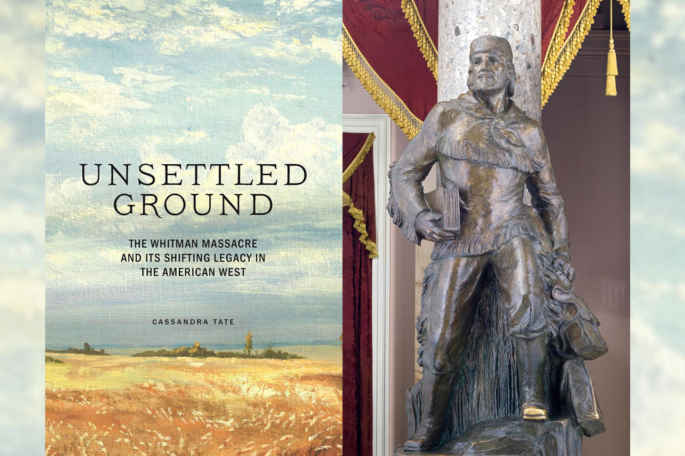 a diptych of a book cover and a statue of a settler