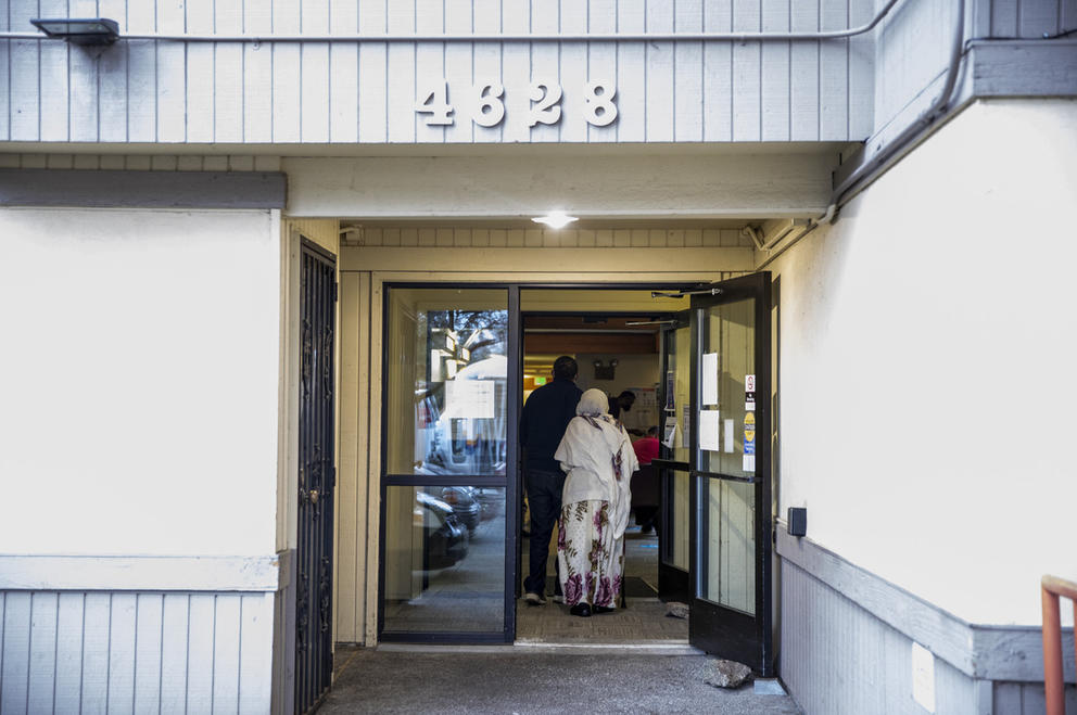 senior citizens lining up to get vaccinated at fire department