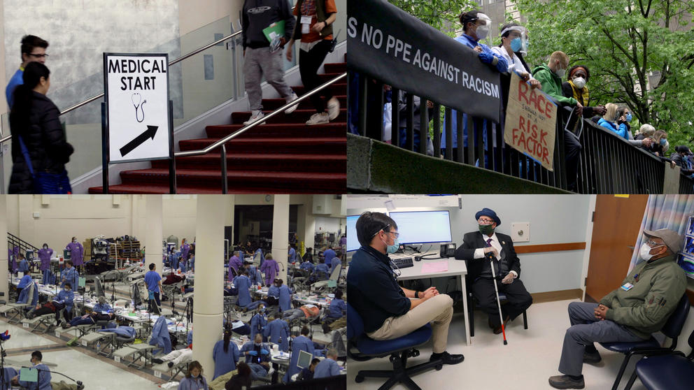 Four photos: People walking up stairs, a crowd of protesters holding signs reading "Race shouldn't be a risk factor" over a railing, three men in a doctor's office, and medical professionals treating patients