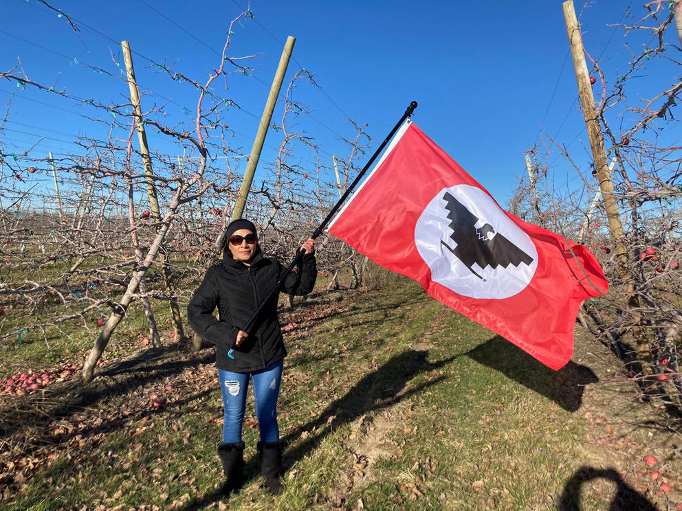A woman holds a flag in a field