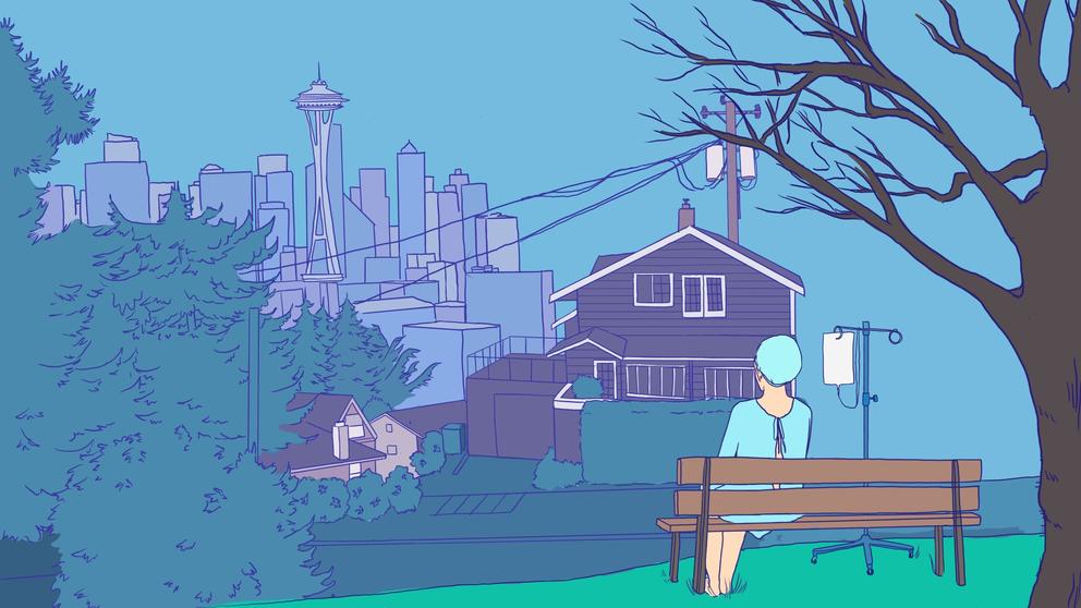 illustration of a woman in hospital gown on a bench outdoors