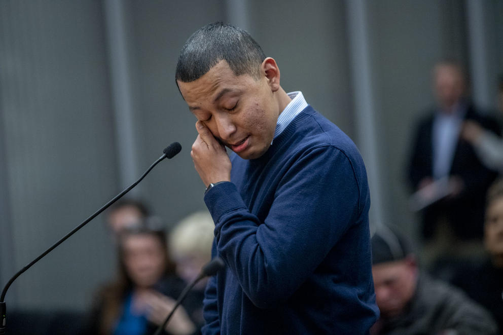 Abel Pacheco becomes emotional as he addresses councilmembers after being sworn in to Seattle City Council on April 22, 2019. Pacheco was appointed to replace Rob Johnson in District 4 after he resigned. (Photo by Dorothy Edwards/Crosscut)
