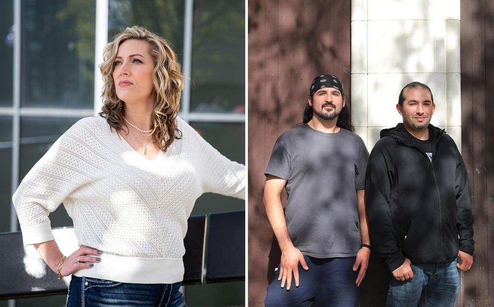 a woman and two men pose for a portrait