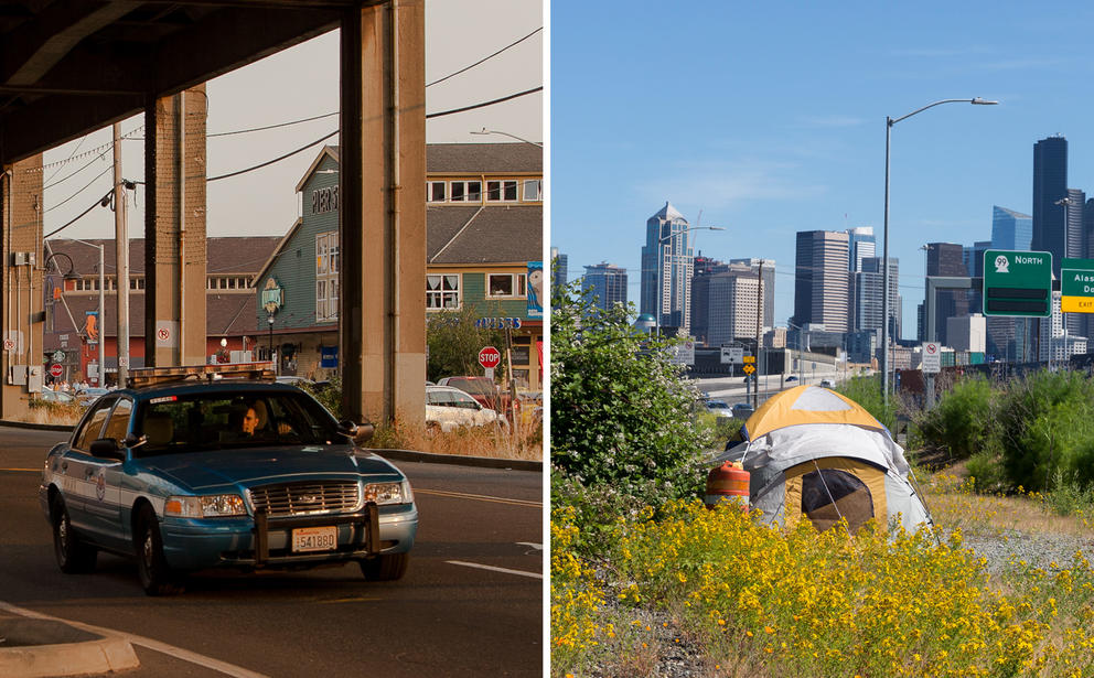 a side by side photo of a police car and a homeless person's tent