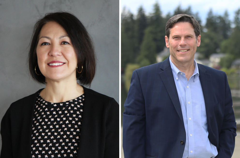 a split screen of two headshots. A woman, leesa manion, on the left. A man, jim ferrell, on the right