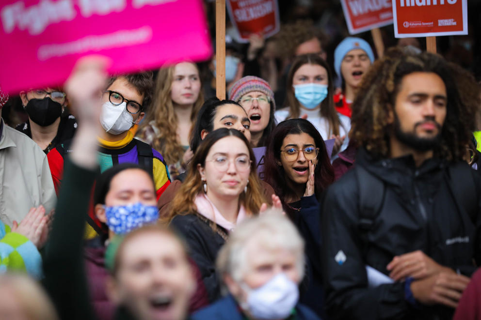 A crowd of protesters