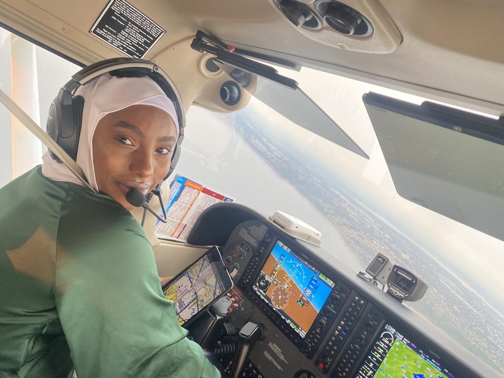 Rumeisa Maresha inside a pilot's cabin during flight training