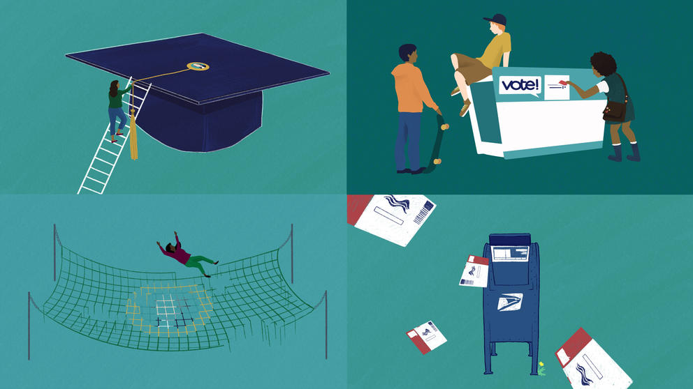 Four illustrations: A woman climbing a ladder onto a graduation cap, three young people by a ballot box, ballots flying into a USPS mailbox, and a person falling into a frayed safety net