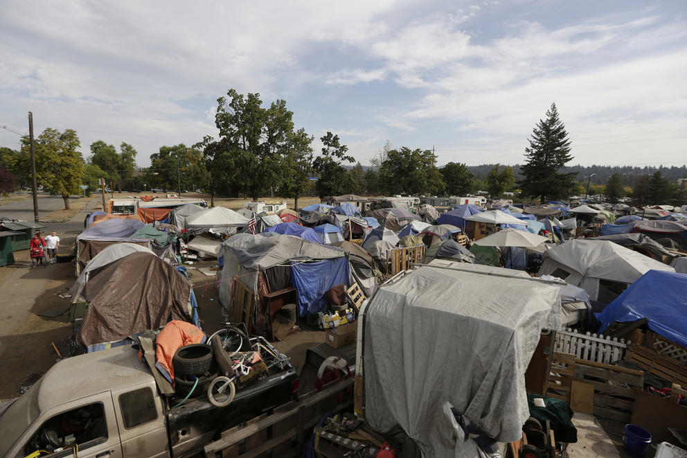 View of the Camp Hope encampment from the top of an RV