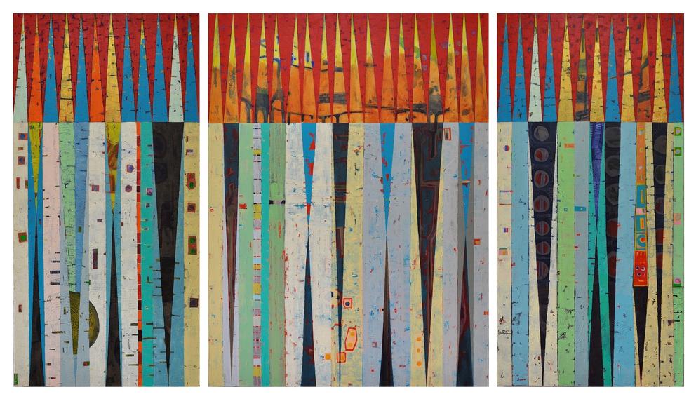 abstract painting with many colors and vertical lines