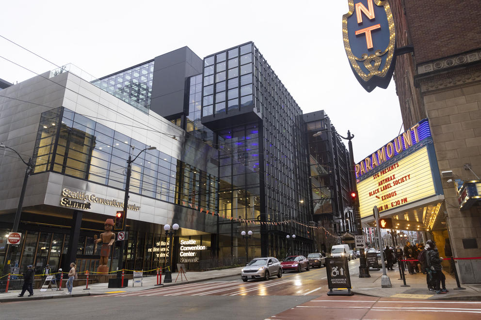 The outside of the new Seattle Convention Center Summit building, across the street from the Paramount Theater. 