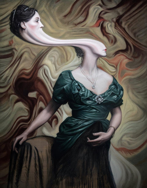 Person in Regency-era clothing and pose, but the head is distorted and floating upwards like a ghost out of a bottle