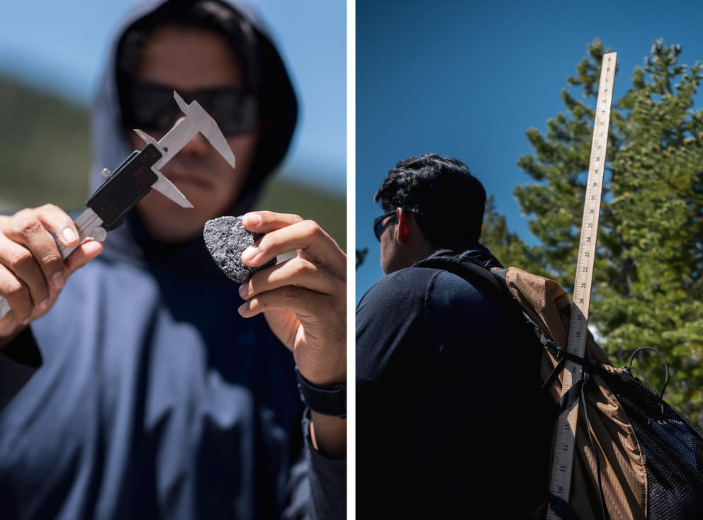 1) Student holding a caliper ruler and a rock, 2) Student walking with a yard stick