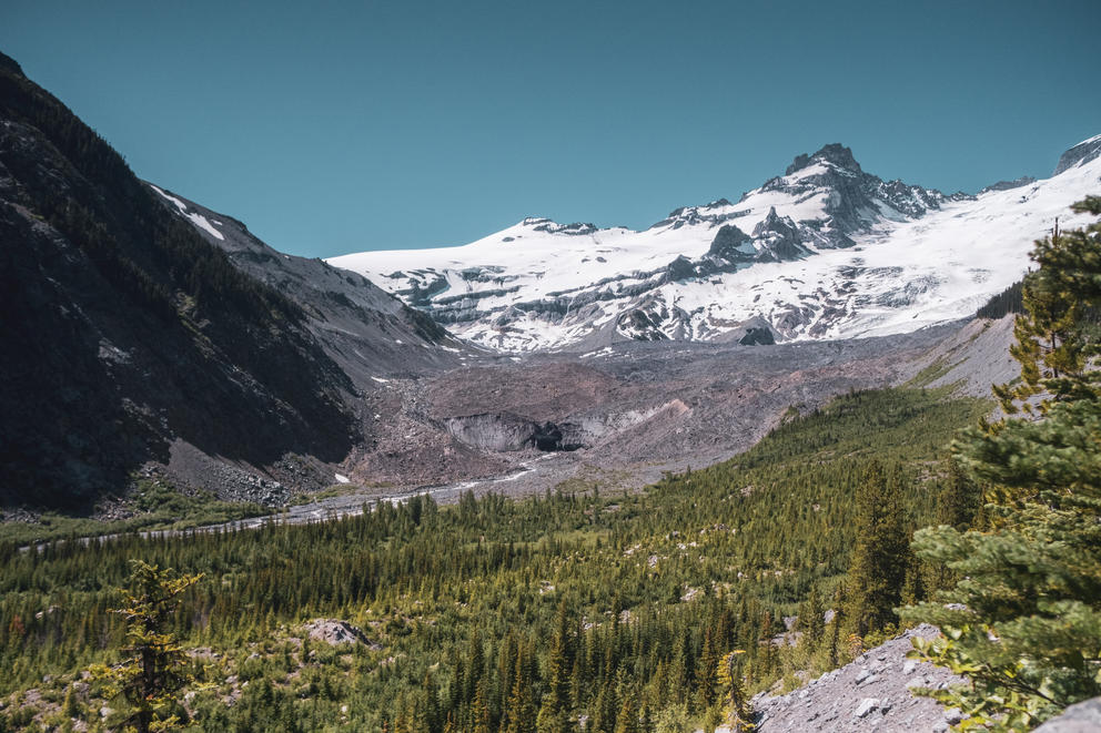 Snowy mountain overlooking a valley of evergreen trees