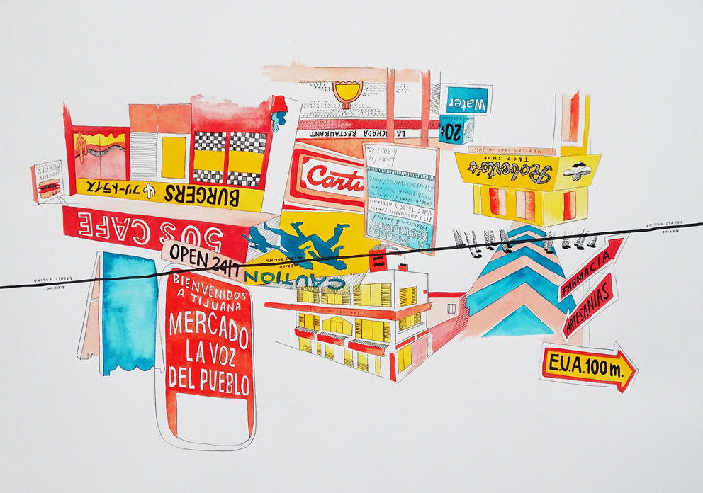 a colorful illustration of businesses intersected by a black line, one side Mexican, the other American