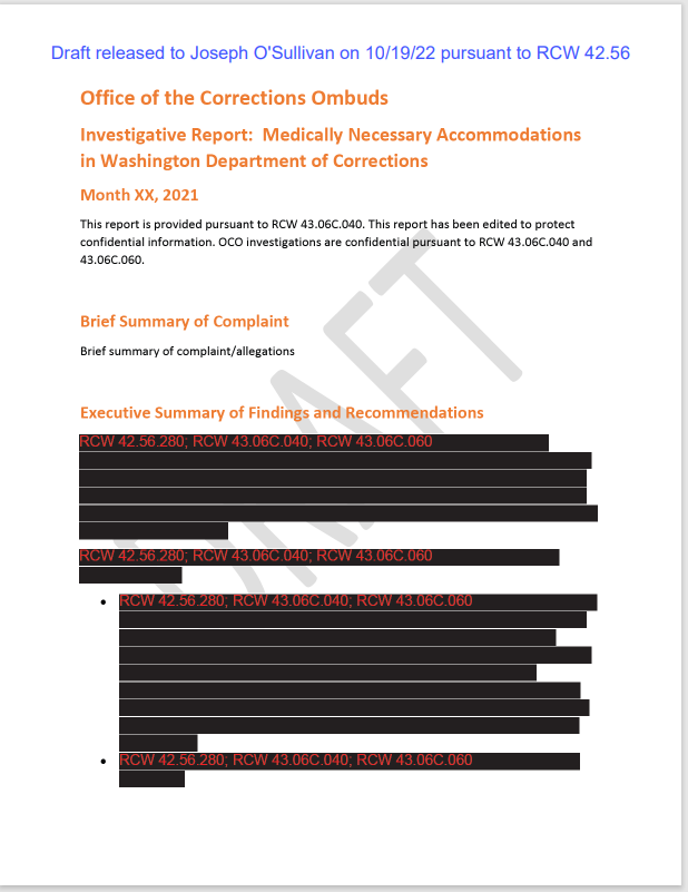 A picture of a redacted report from the Washington Office of Corrections Ombuds.