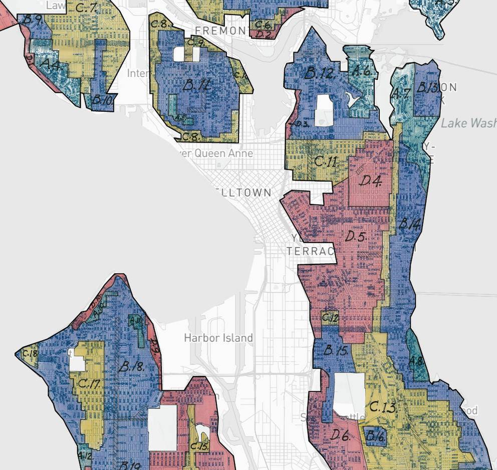 map with multiple colors separating parts of Seattle into sections