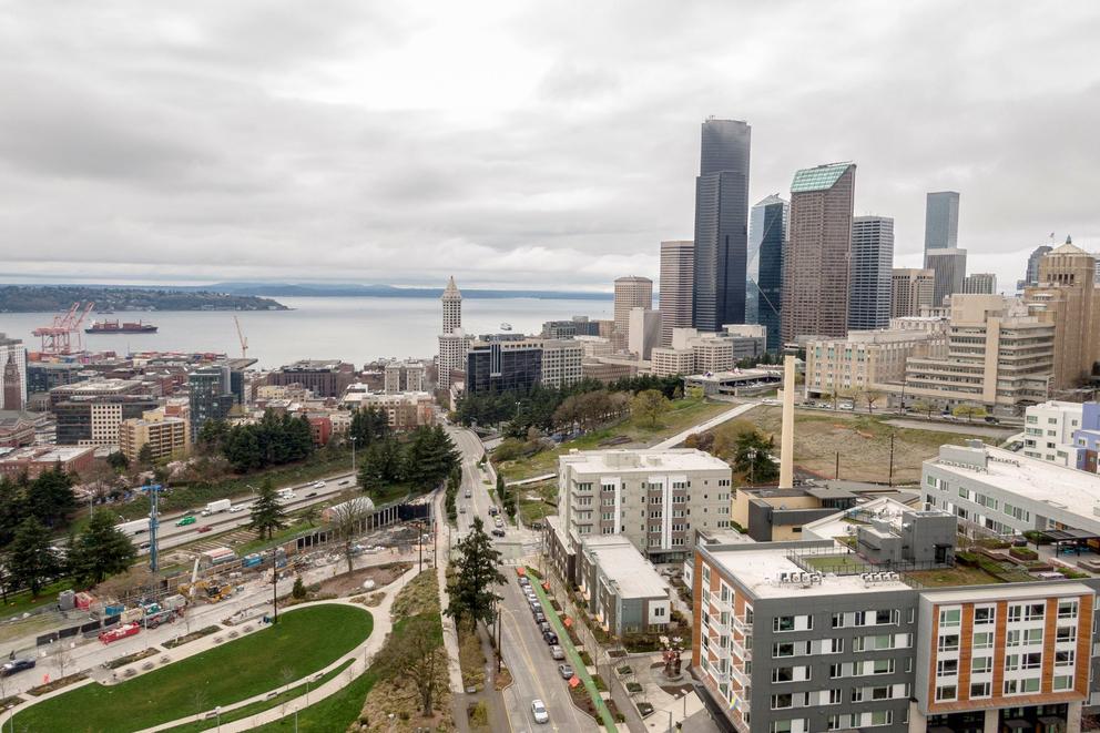 A Seattle neighborhood with the downtown skyline in the background