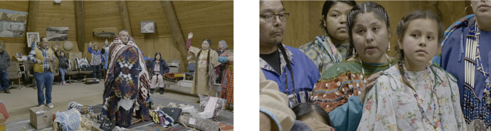 Left: A man stands at the center of a circle of people with their hands raised. Right: Three young girls and two adults wearing regalia watch