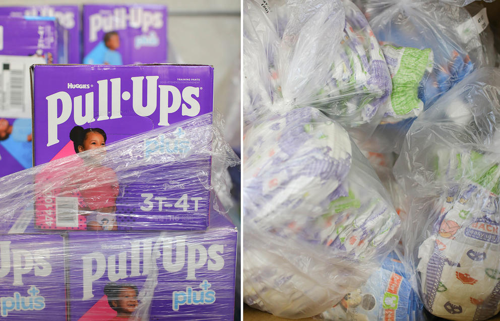 Donated diapers at WestSide Baby are bagged in groups of 45 and readied to hand out to families in need.