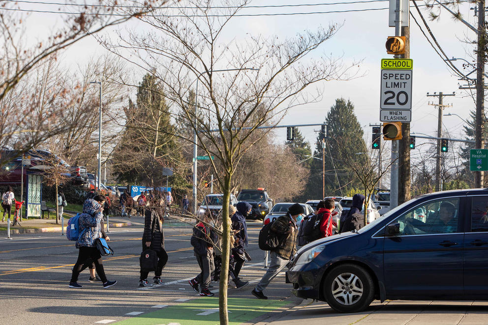 Students crossing a street