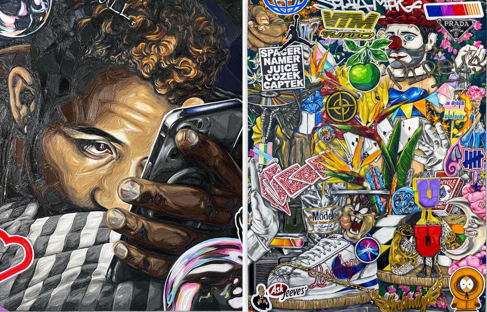 Two paintings, made with thin layers of plastic, depicting a person on his phone and, to the right, a combination of pop cultural accoutrements