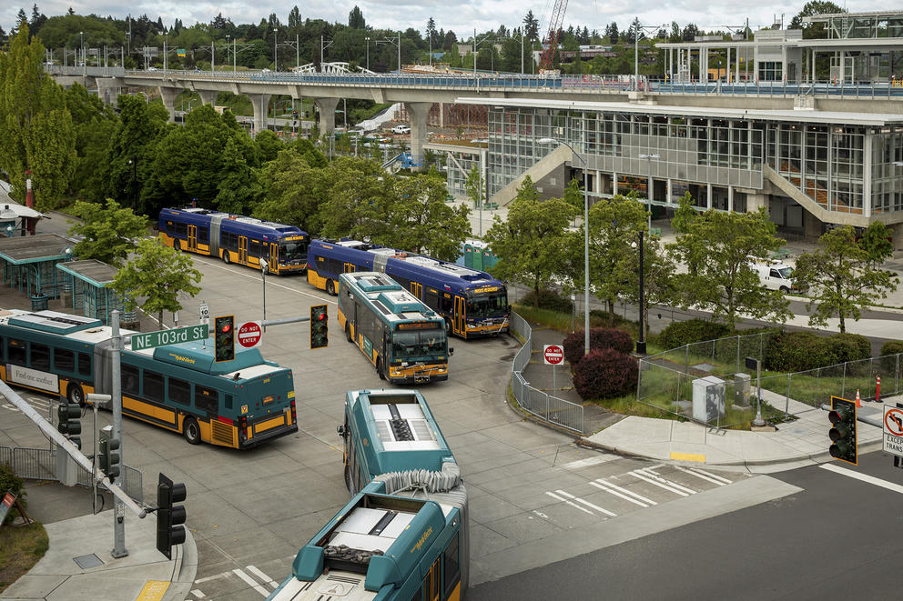 King County Metro Transit buses leaving Northgate Transit Center