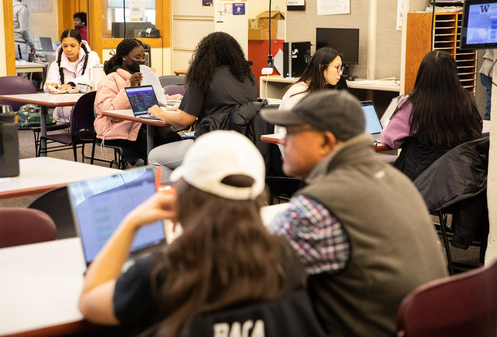 Students sitting at desks, working on laptops