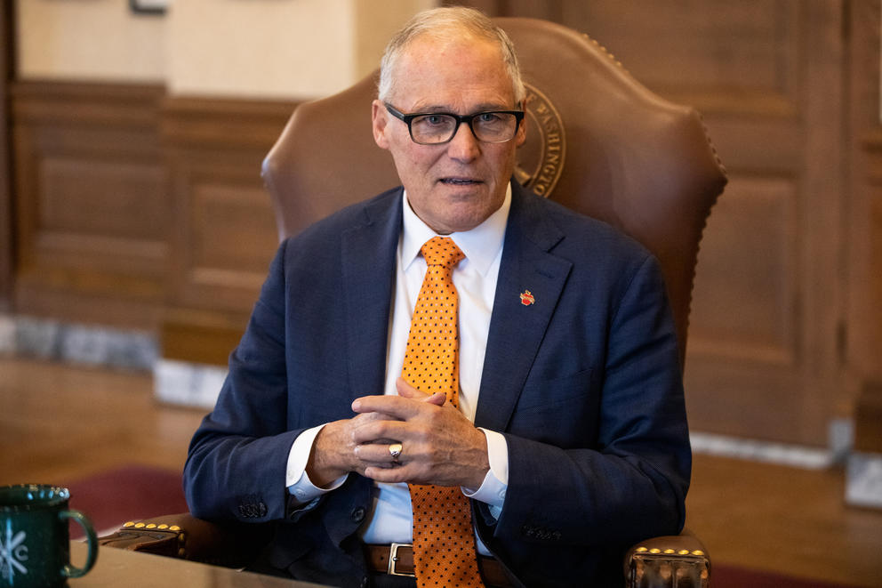 A picture of Gov. Jay Inslee in his office at the Capitol building in Olympia, Washington.