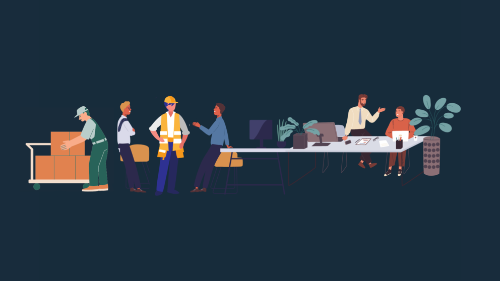 An illustration of happy people chatting at work