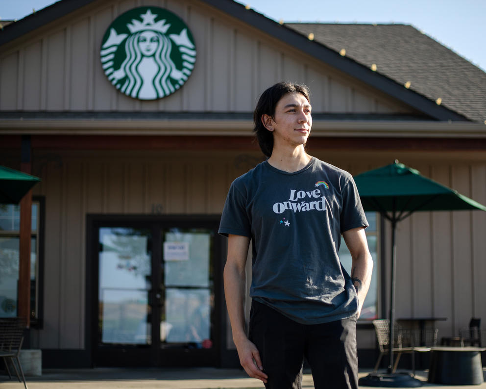 Tony Warwick poses outside the Prosser Starbucks.