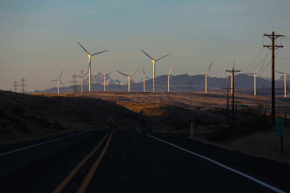 Wind turbines in the distance with a road in the foreground.