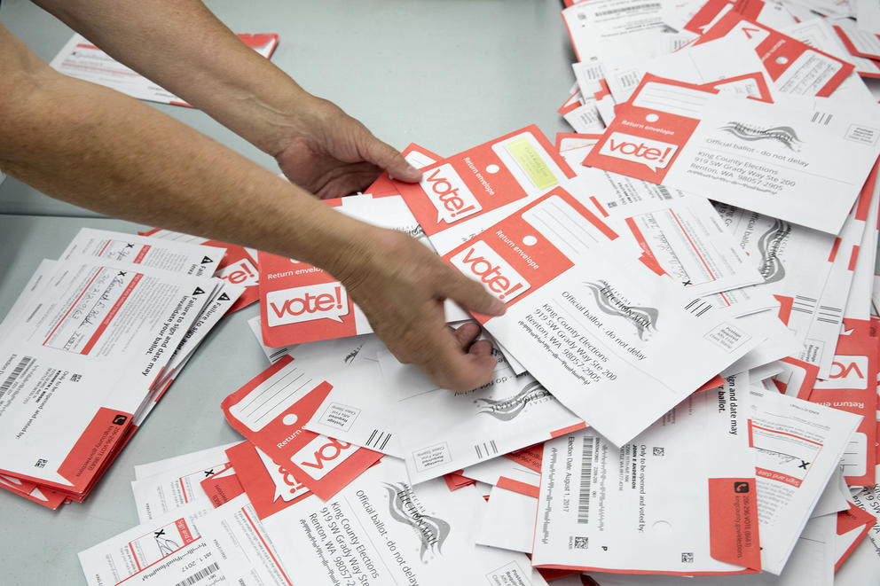 A pile of ballots at the King County Elections office