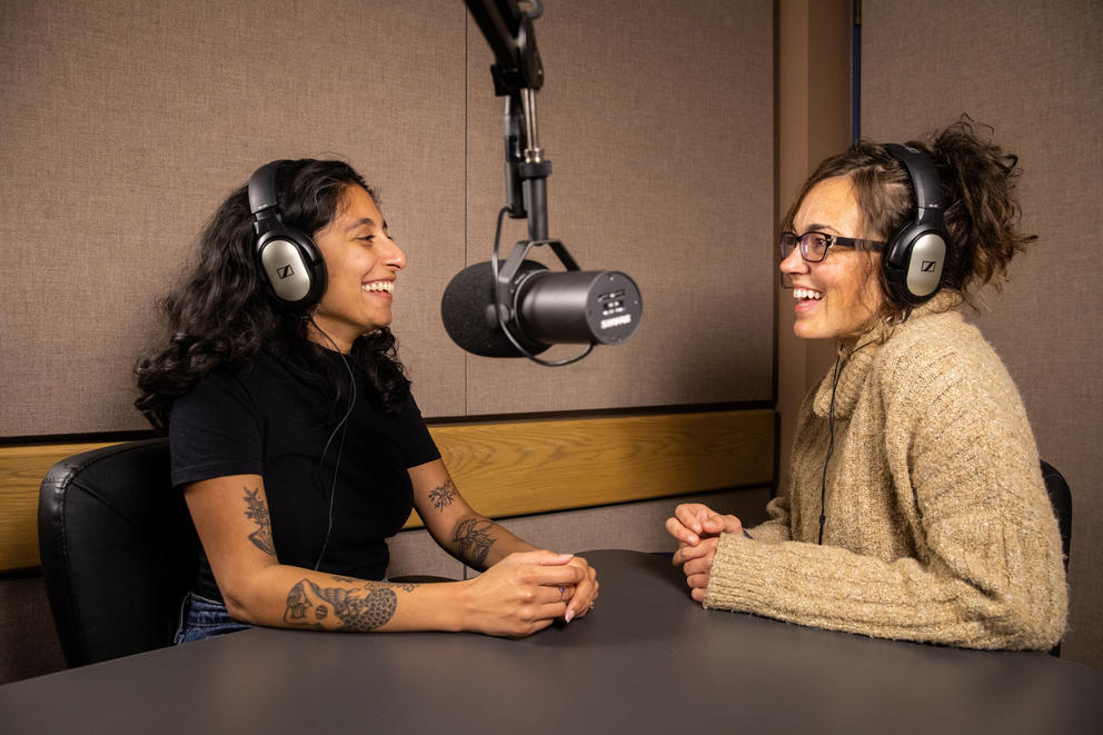 Maleeha Syed and Sara Bernard in the audio studio