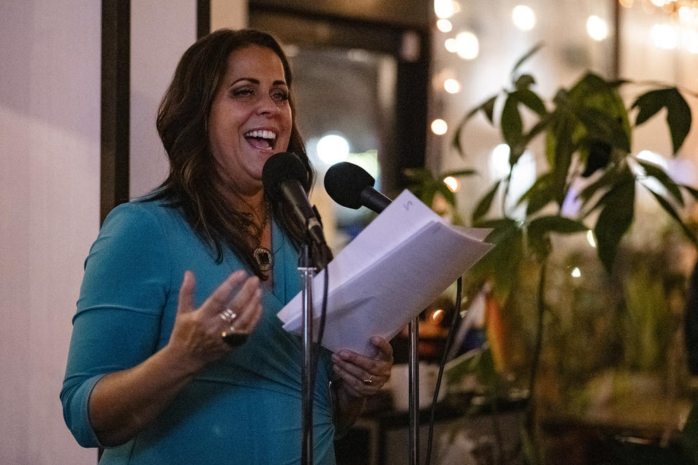 a woman gives a speech