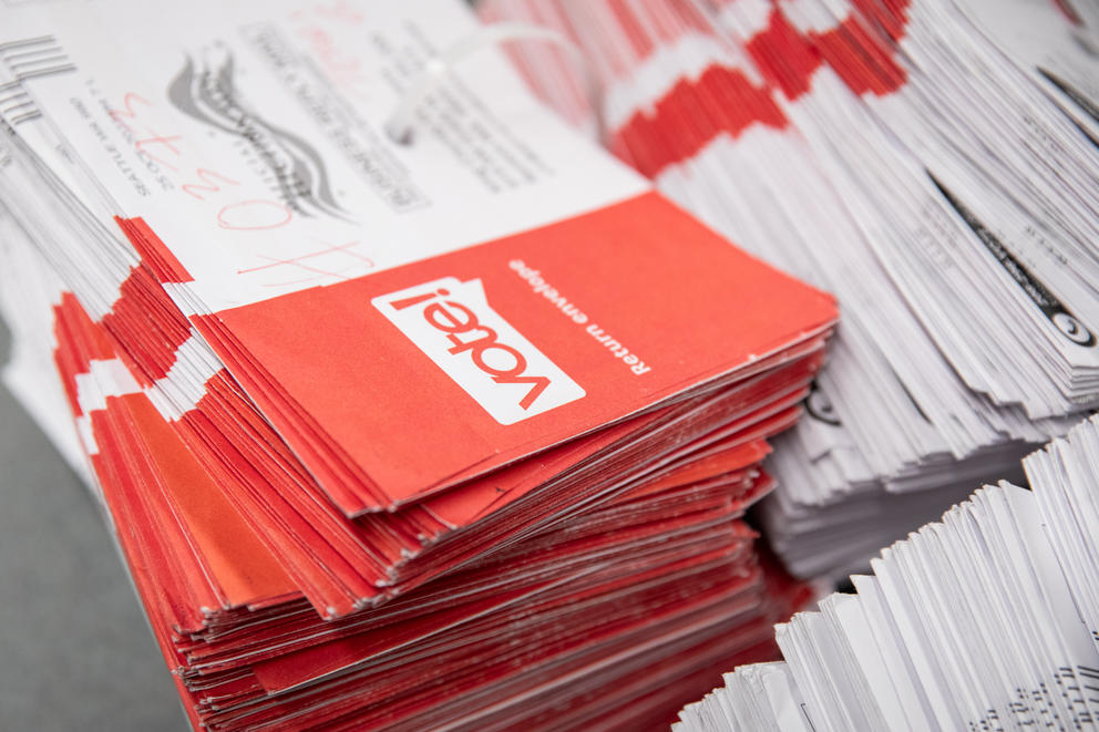 pile of ballot envelopes at the King County Elections Office
