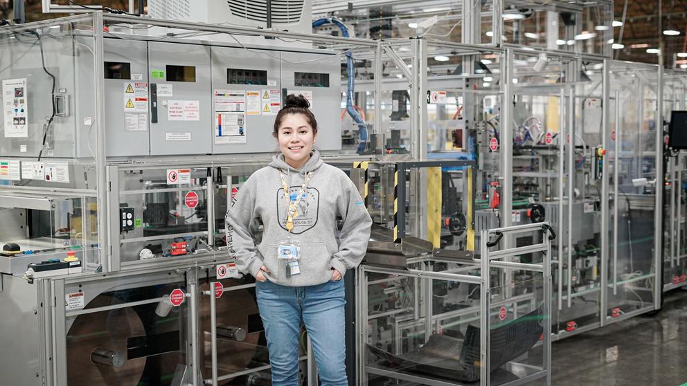 Elia Vasquez photographed at the BFI1 robotics development hub and fulfillment center