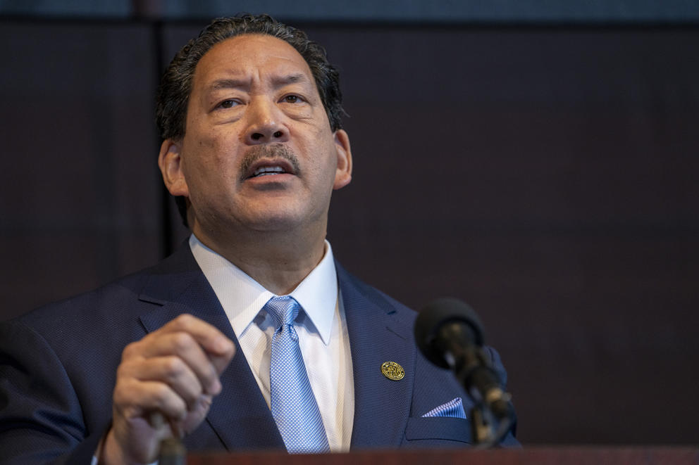 a closeup of Seattle mayor harrell against a black background