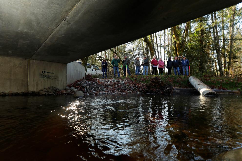 A stream runs under an overpass.