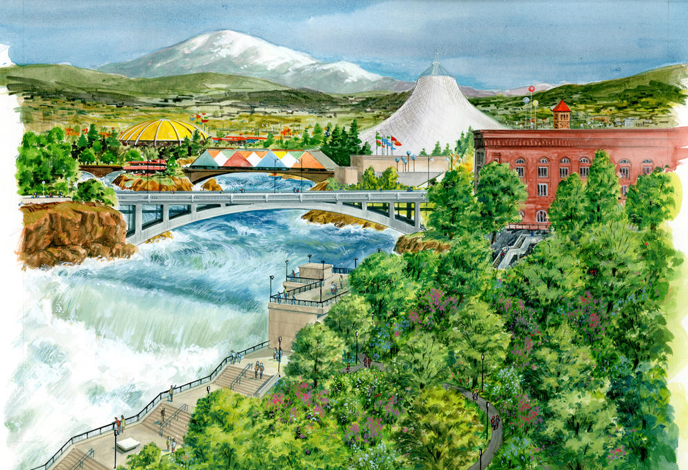 This advertising design was drawn by Keith Oka for the Expo '74 Fair