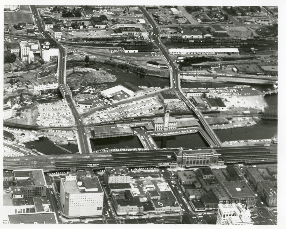 A congested rail yard where the expo would end up