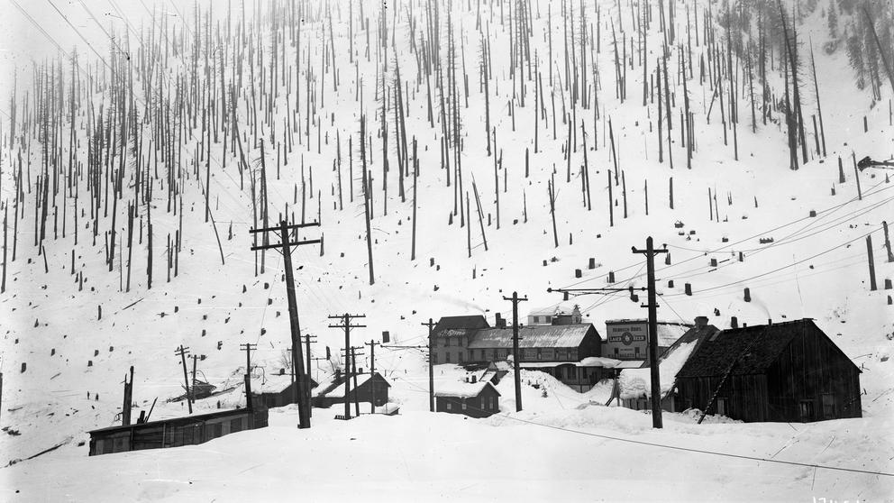 Black and white photo of Wellington, WA in the snow