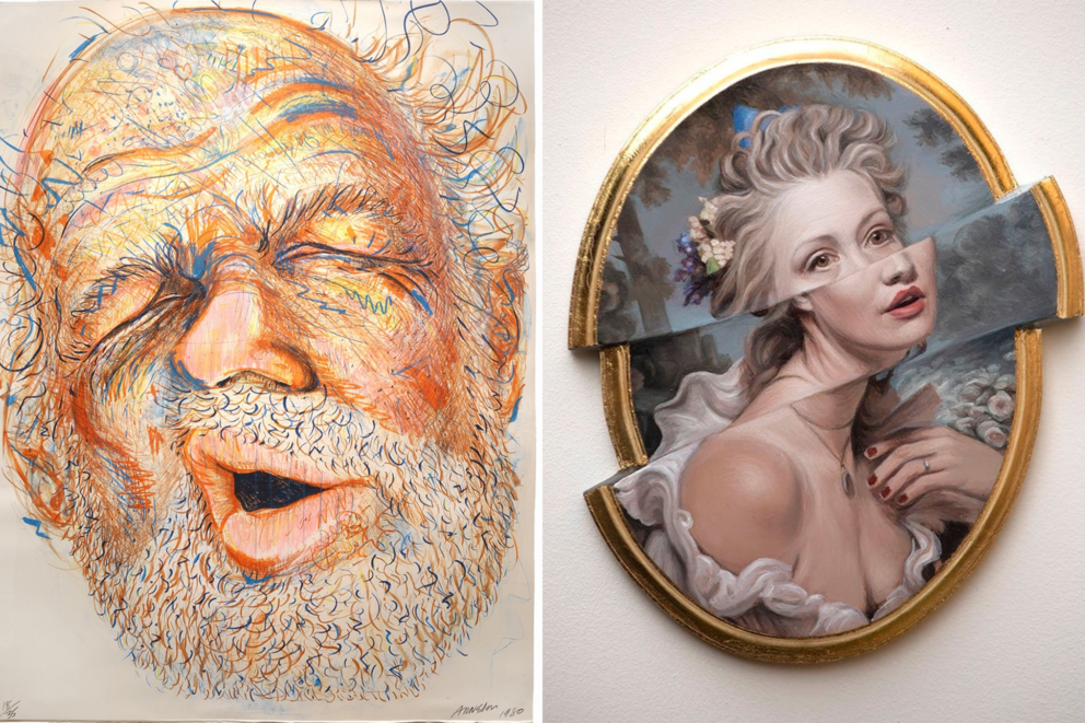 side by side image of two paintings, one of a grey bearded man's face smashed as if against glass, the other a surrealist protrait of a woman