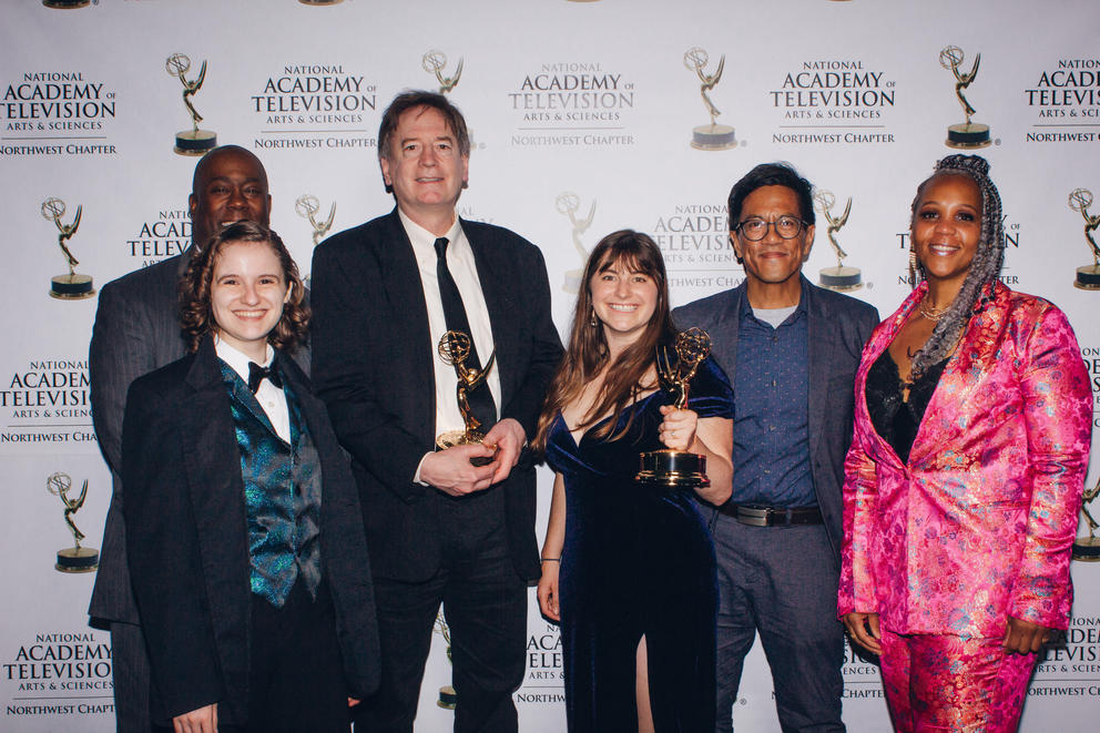 Cascade PBS team poses with Emmy statues after win