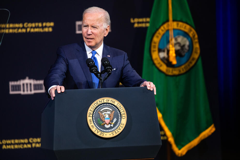 President Joe Biden speaks at Green River College.