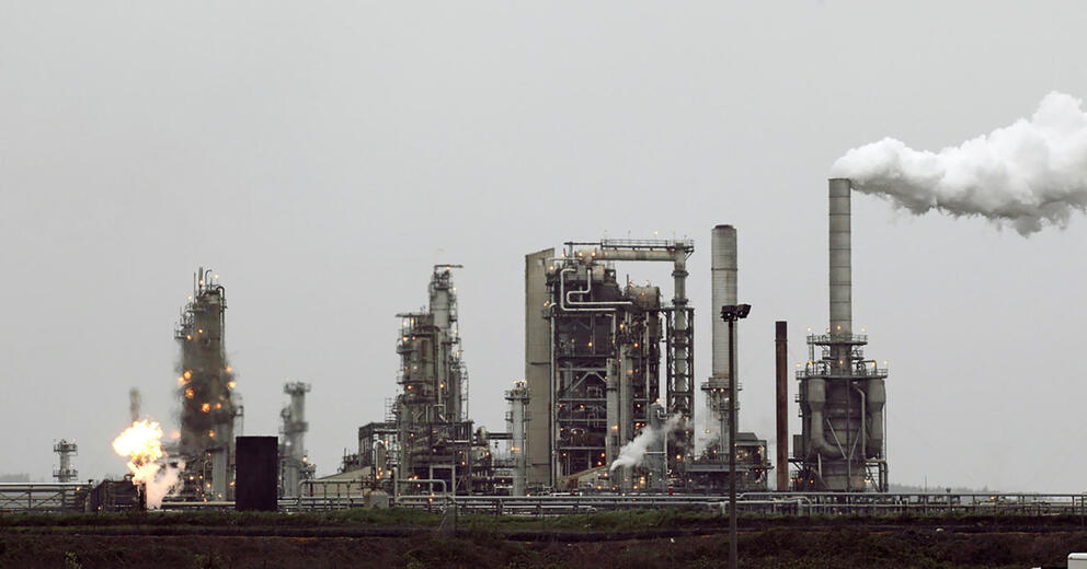 The Tesoro Corp. refinery, including a gas flare flame, in Anacortes, Washington.