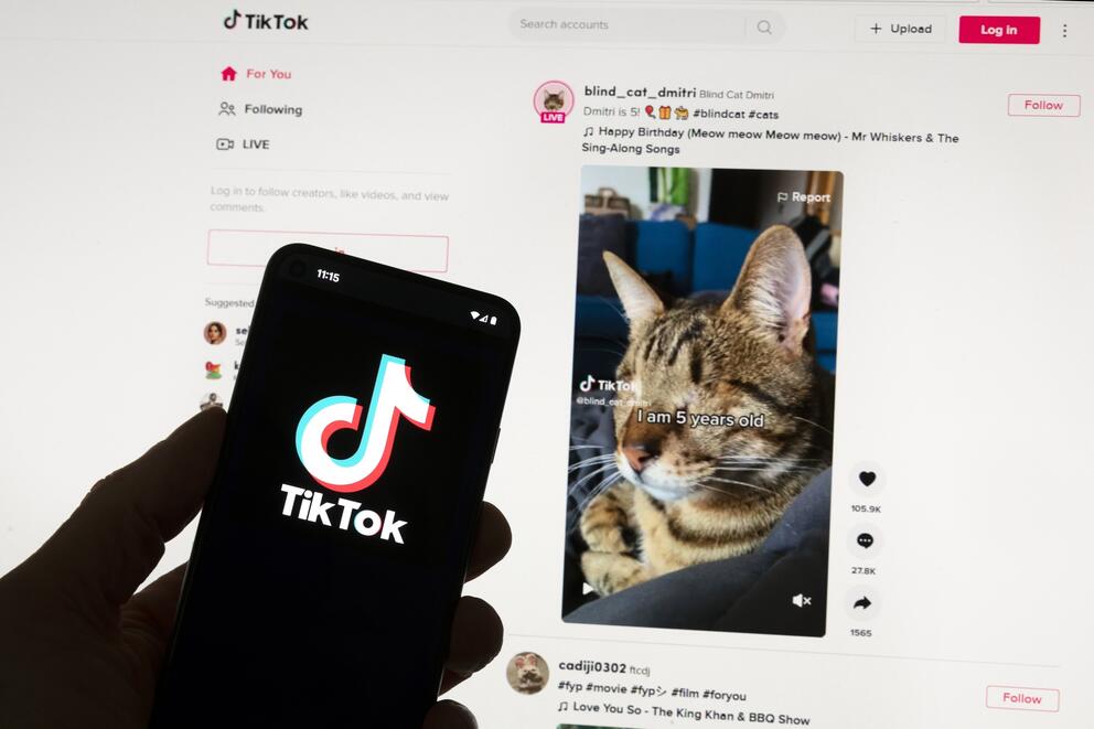 a computer screen and a phone screen both show the social media network TikTok