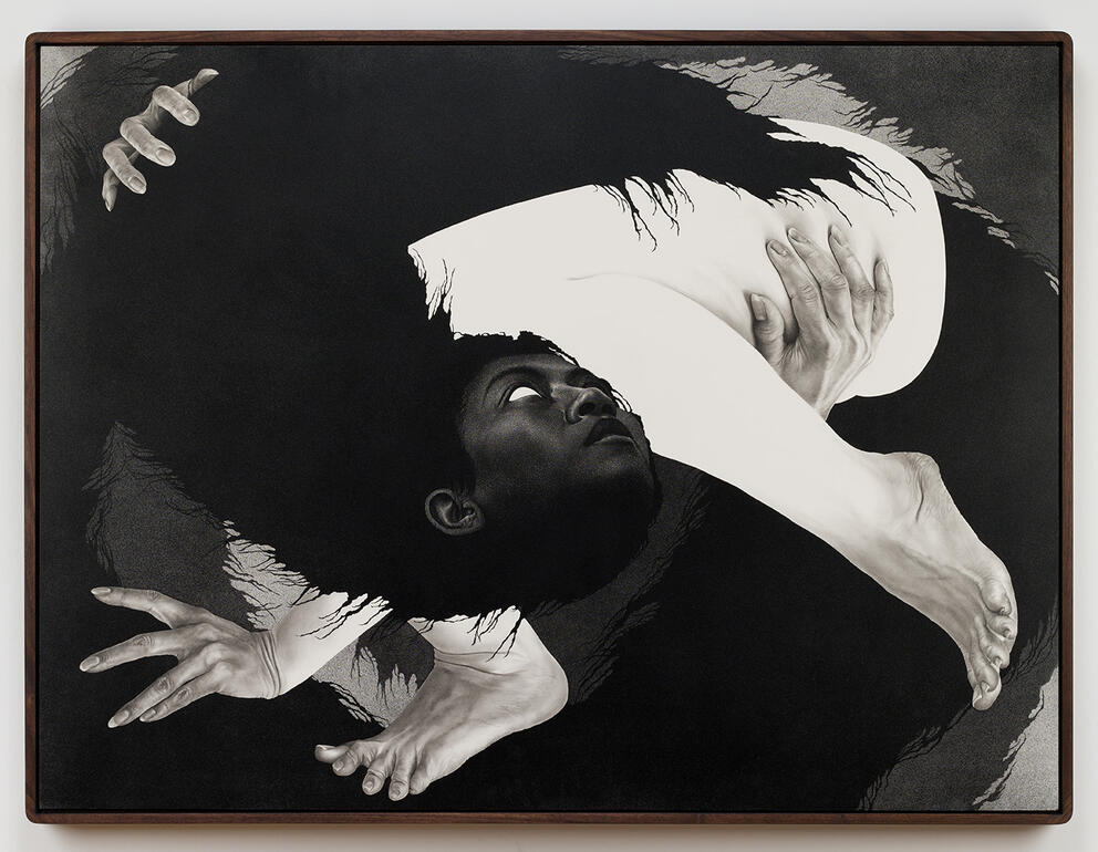 black and white ink drawing of a body or bodies twisted together in an unsettlingly tight ball