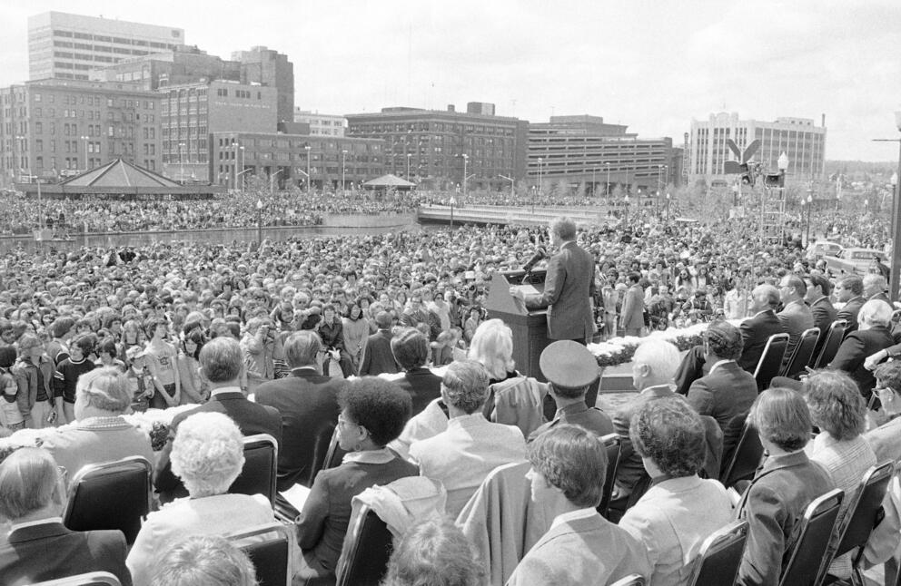 President Jimmy Carter addresses a crowd estimated at more than 50,000 in Spokane's Riverfront Park