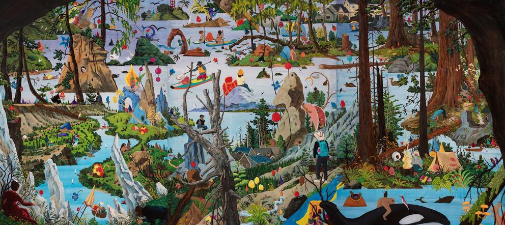 a colorful landscape painting full of fanciful creatures
